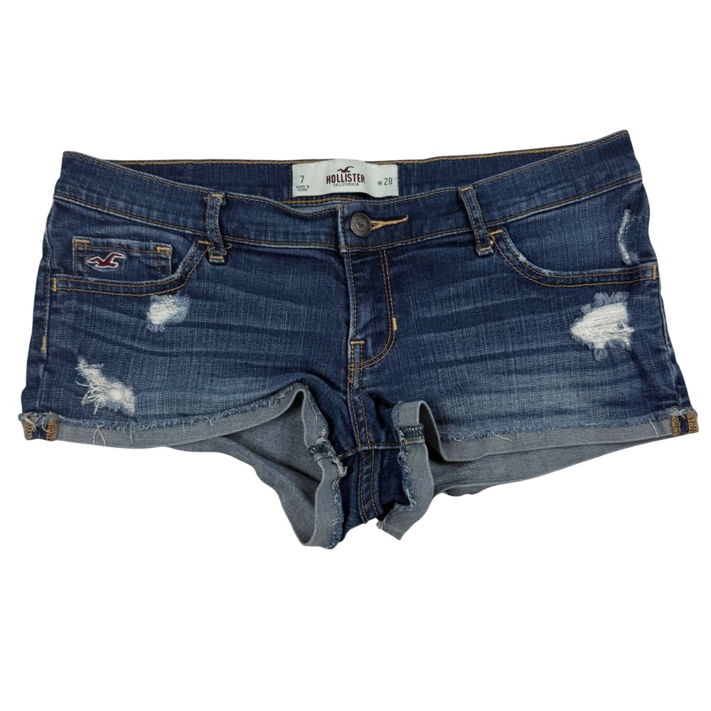 VTG Y2K Hollister Distressed Ultra Low Rise Denim Mini Micro Shorts Size 7 W28